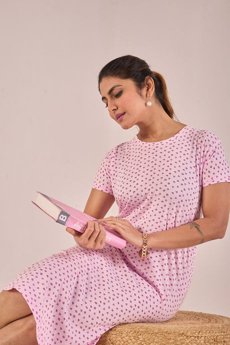 Sweet Moon Knit Cotton Mid Length Nightdress - Millennial Pink — image 5